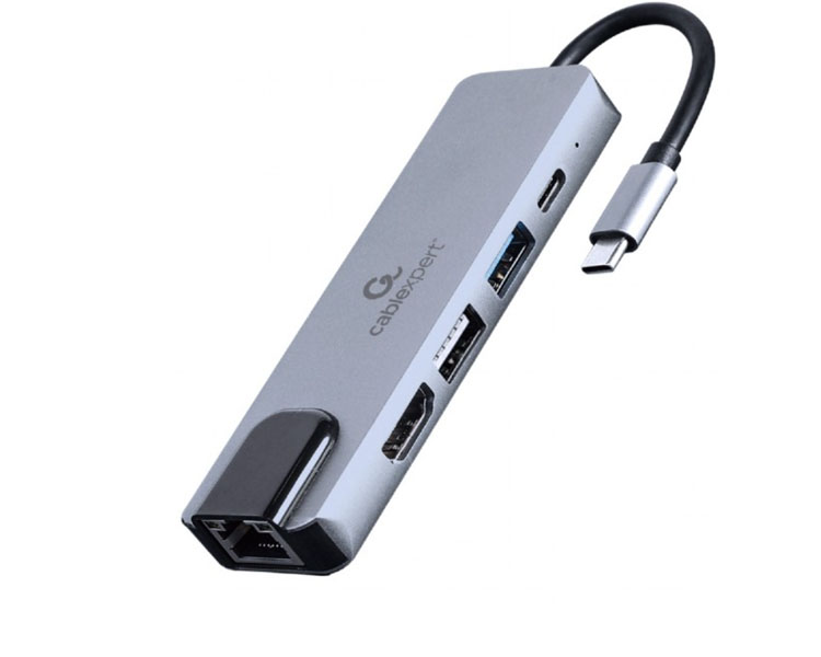 ადაპტერი: Gembird A-CM-COMBO5-04 USB Type-C 5-in-1 multi-port adapter (Hub+HDMI+PD+LAN)