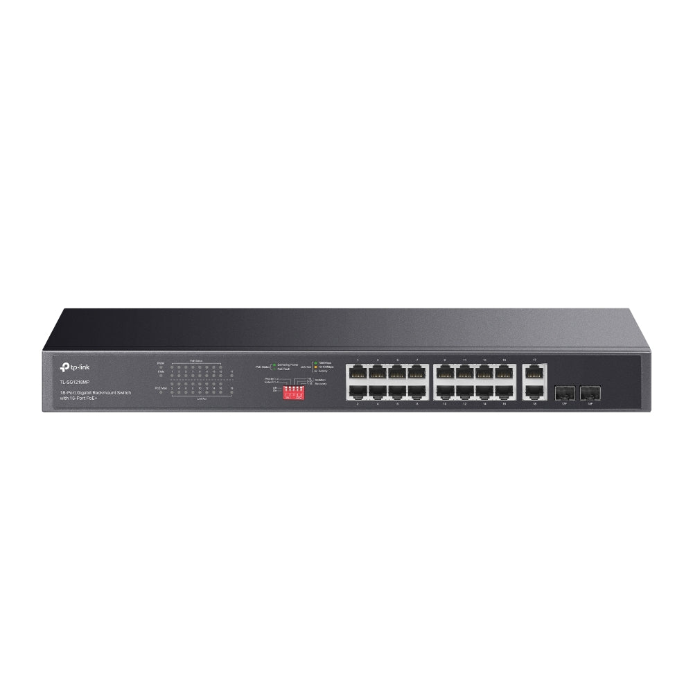 TP-LINK TL-SG1218MP , 16× Gigabit PoE+ RJ45 ports, 2× Gigabit on-PoE RJ45 ports, and 2× Combo Gigabit SFP slots 802.3af/at