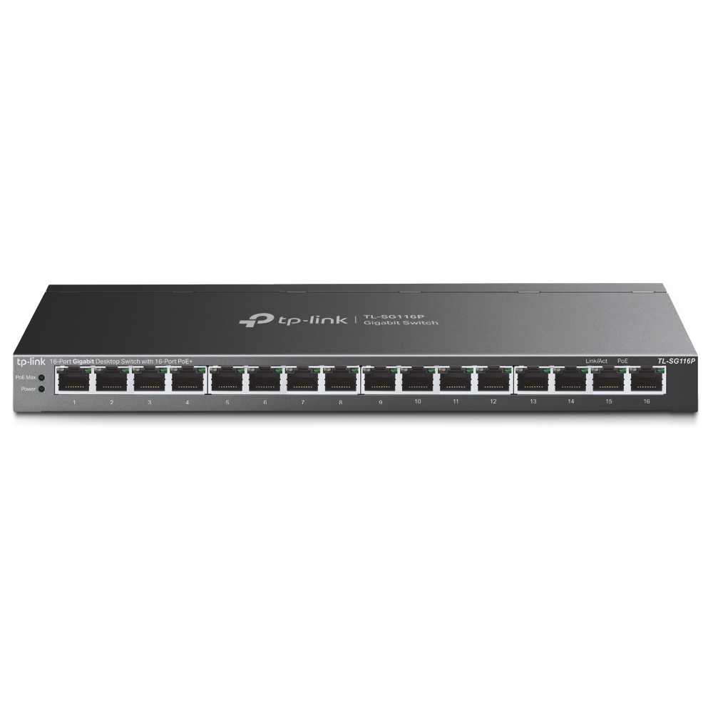 TP-LINK TL-SG116P, 16-Port Gigabit Desktop Switch with 16-Port PoE+