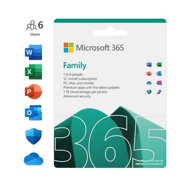 6GQ-00084 Microsoft 365 Family 1 year Electronic keys Works on PC, Mac, iPhone, iPad, and Android phones and tablets Up to 6